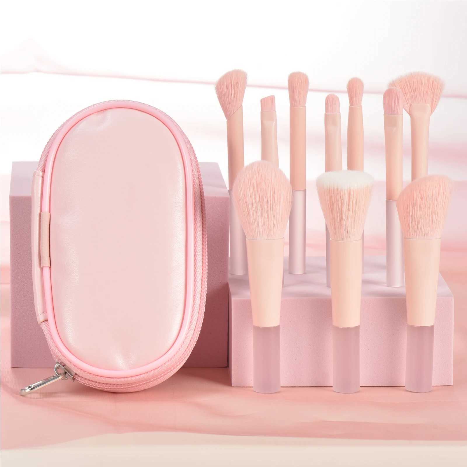 10 pink mini makeup brushes with storage bag foundation contouring brush eyeshadow brow brush - Makeup puff portable makeup C251122