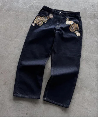Y2K Minimalist Mens Jeans Retro Pocket Embroidered Loose Korean Casual Harajuku High Waist Aesthetic Couple Wide Leg Pants 250420