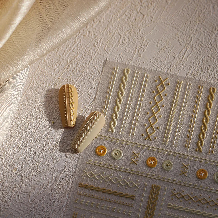 Woolen Grid Pattern Button Bowknot Nail Art Stickers Embossed n Adhesive Winter Decoration High Quality 251106