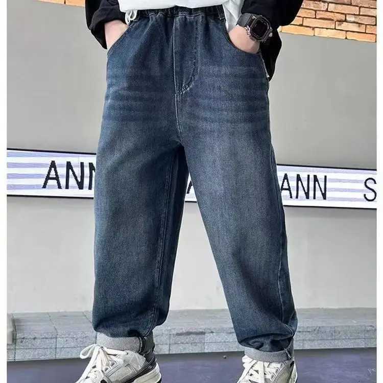 Teen Boys Jeans Spring Autumn Winter Insulated Kids Denim Trousers Children Baggy Pants Elastic Waist Blue Fashion Thermal JeansT251122
