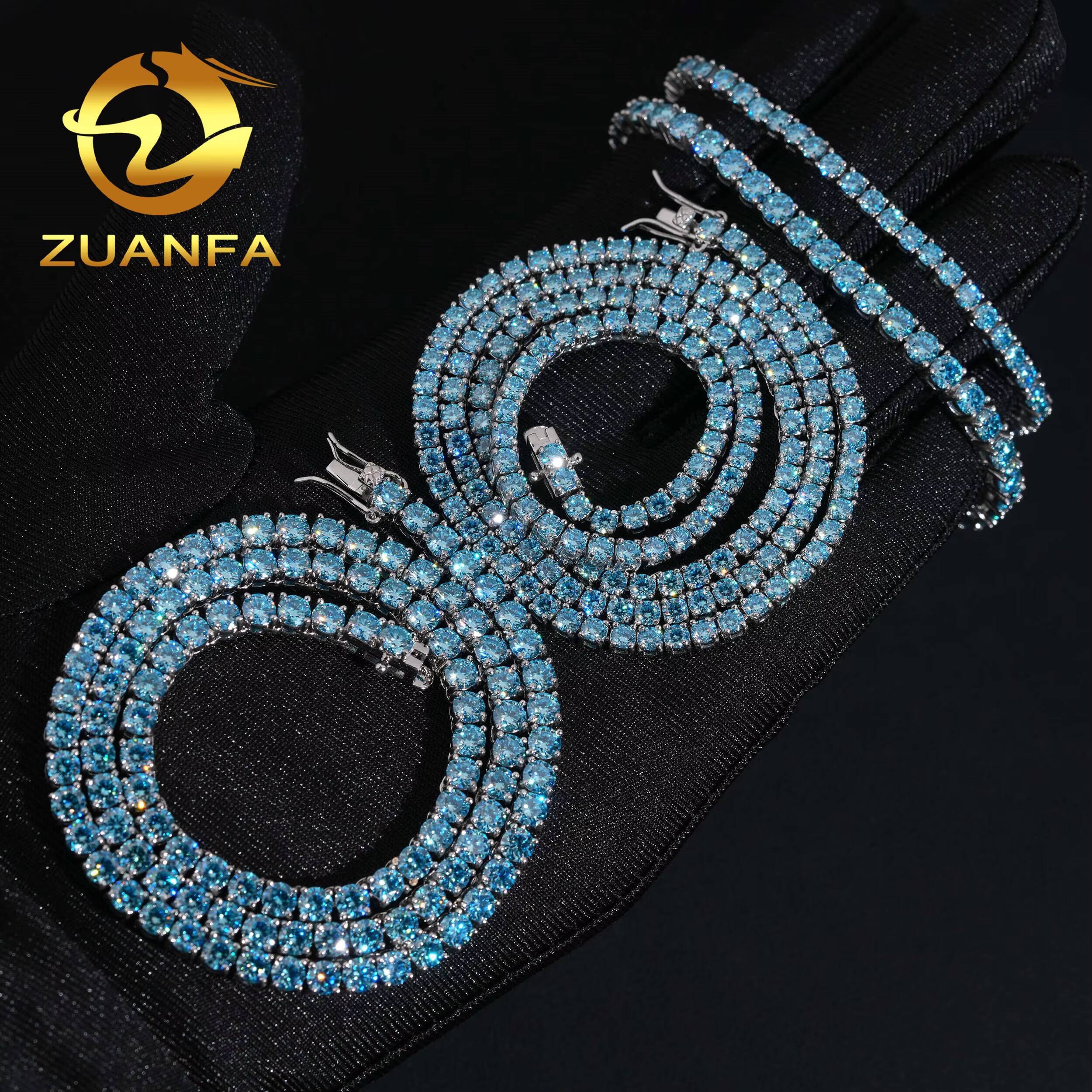 Iced Out Hip Hop Tennis Chain Jewelry Wholesale 3MM 4MM Aquamarine Sea Blue Moissanite Diamond Moissanite Necklace