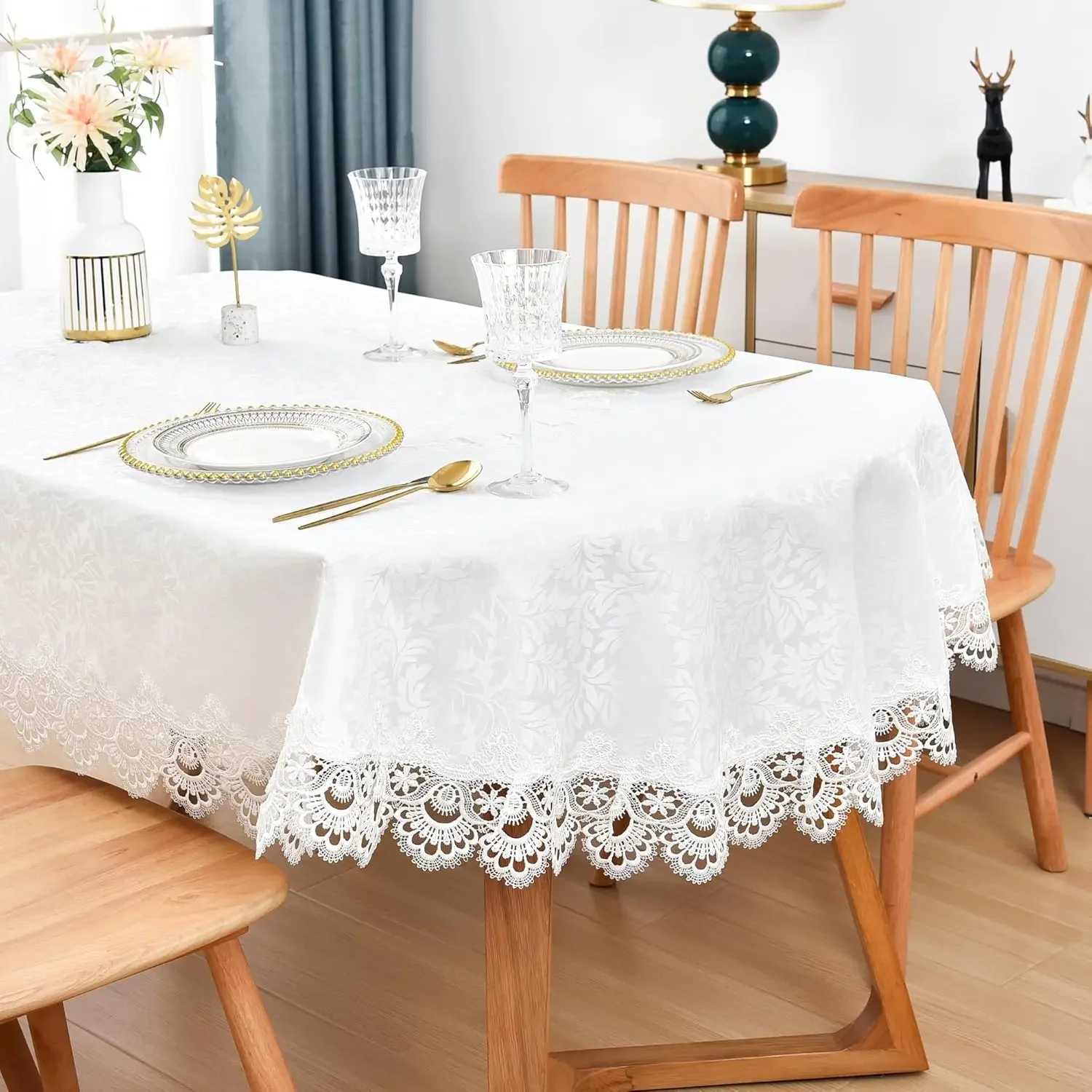 Elegant White Lace Jacquard Oval Tablecloth for Home Decoration 60x84 Inches C251122