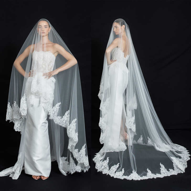 Simple Appliques Wedding Veil One Layer Long Cathedral Length Bride Veils With Comb Bride Voile Customized velo de novia