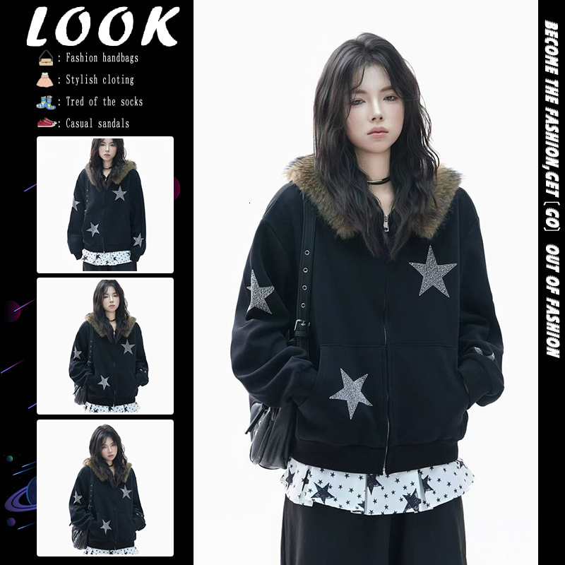 American Designer Retro Fur-Collar Star Print Hooded Jacket Women's Streetwear Trendy Niche Versatile Sweater Hoodie Faux Fur Coat