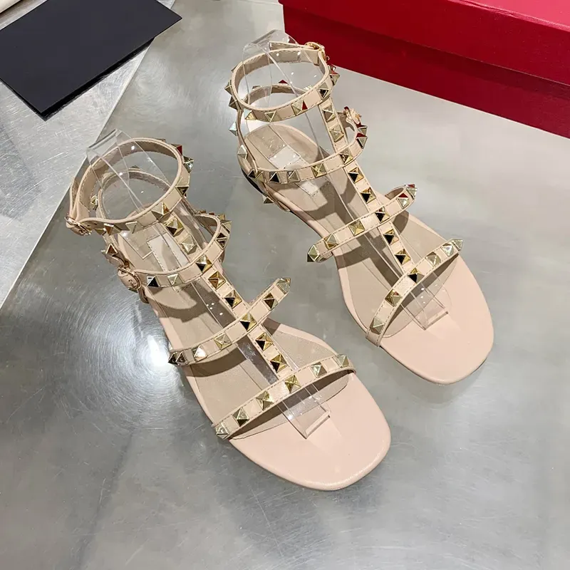 Stud Embellished flat Heel leather sandals buckle-fastening ankle strap leather sole women summer Holiday shoes Luxury Designers factory footwear 34-41