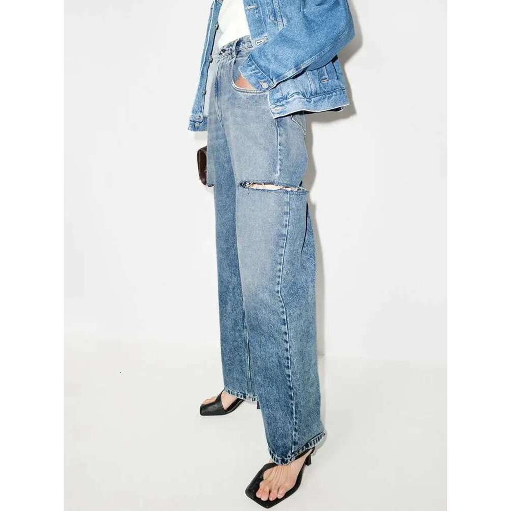 DEAT Women's Loose High Waist Wide Leg Denim Pants Hollow Out Blue Long Straight Jeans Spring 2025 New Fashion L2901h