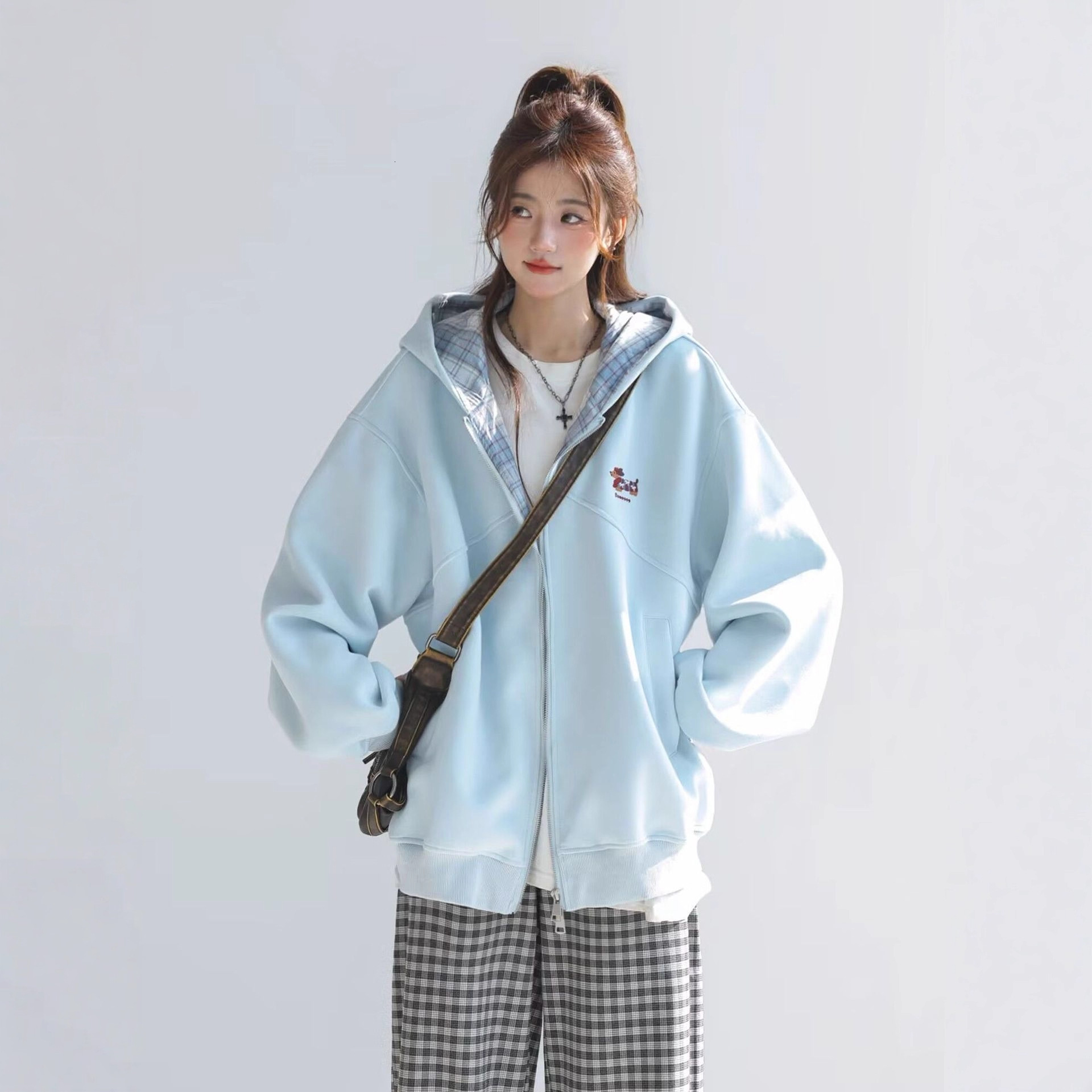 Korean plaid designer long sleeved hooded jacket for women's autumn new style college style patchwork embroidery loose hoodie cardigan