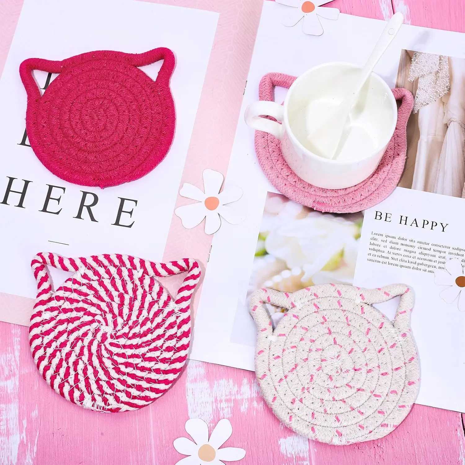 4pcs/set Cat Ear Coasters Set Brown White Handmade Braided Cotton Coasters Non-Slip Absorbent Drink Coaster with Holder C251122