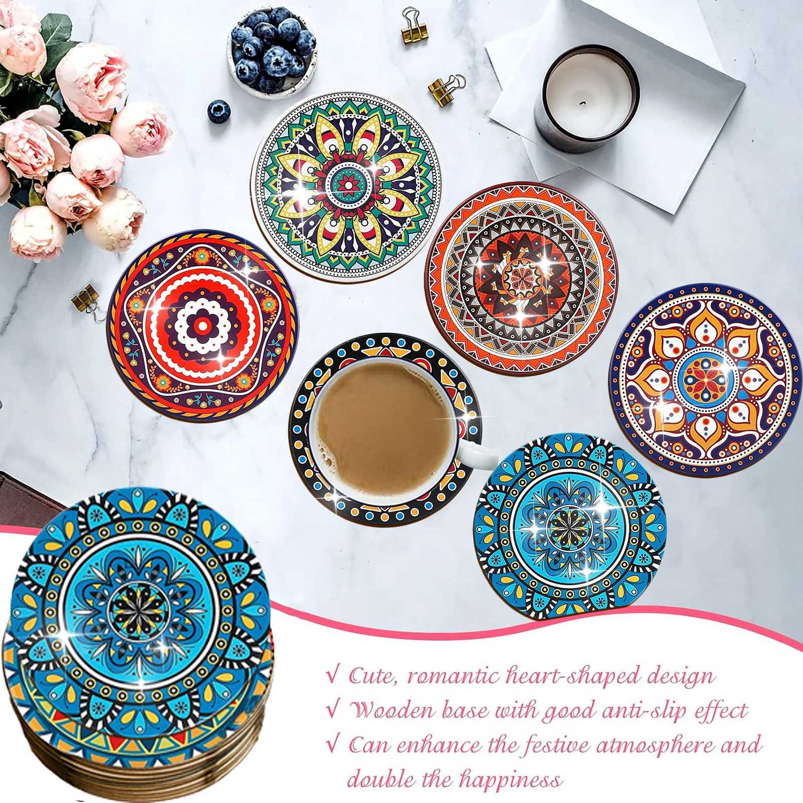 8 pieces/set of mandala patterned wooden anti-slip coasters suitable for home office and living room decoration C251122