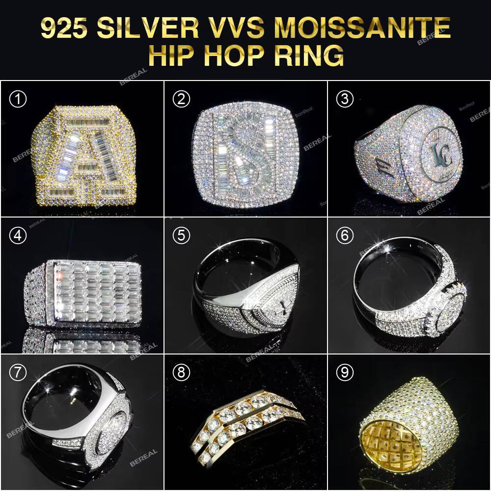 Wholesale Vvs Baguette Moissanite Hip Hop Diamond Six-pointed Star Men Ring Iced Out 925 Silver Diamond Cuban Link Cross Rings