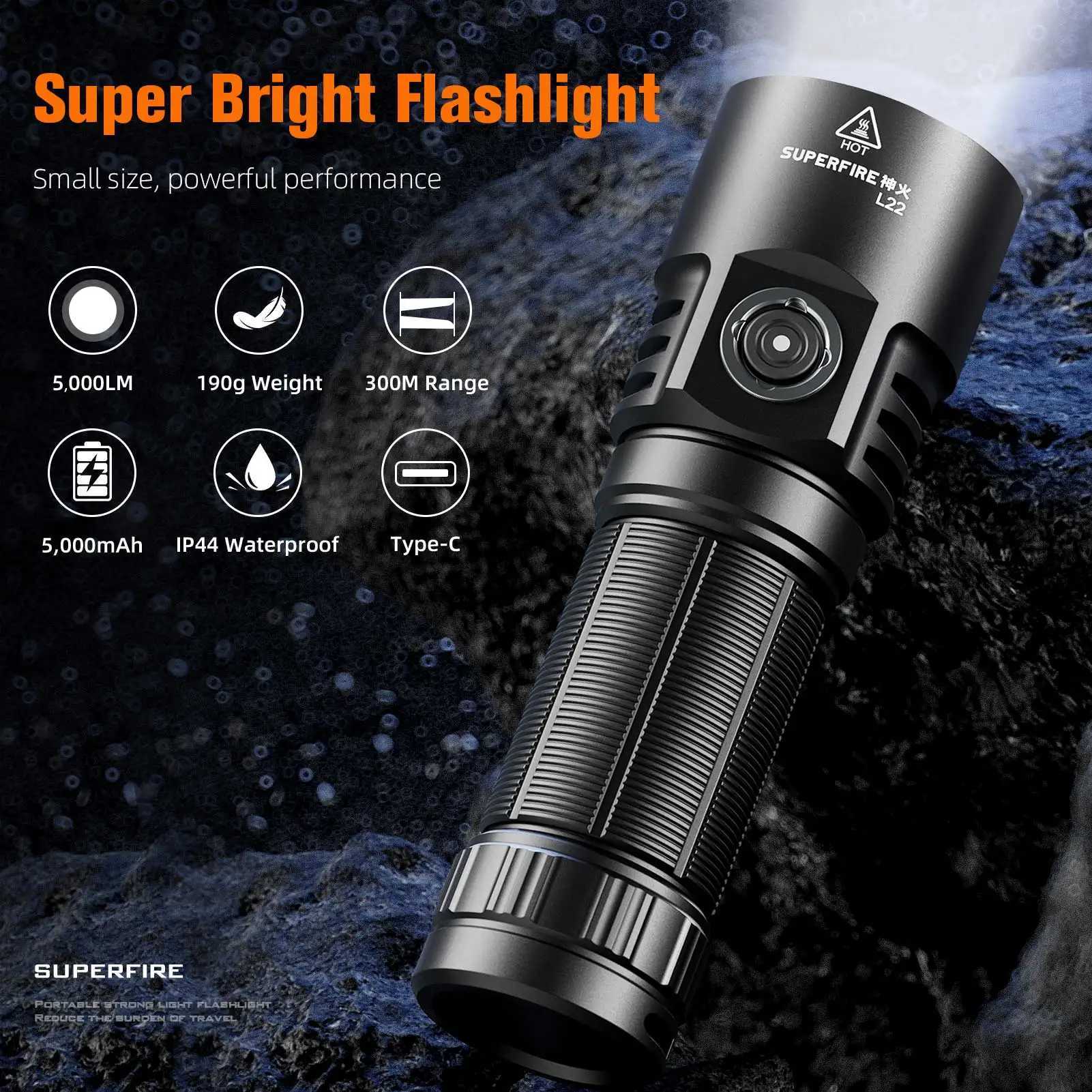 SUPERFIRE L22 60W High Power Torch Super Bright Flashlight for Outdoor Camping Emergency 5000mah USB-C Rechargeable 3 LED C251122