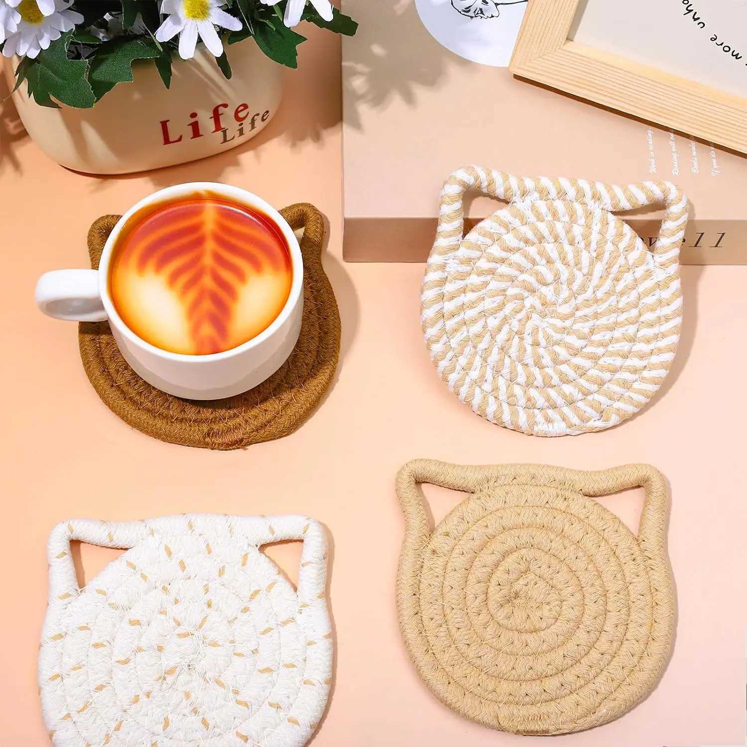 Cat Ear Coasters Set Brown White Handmade Braided Cotton Coasters Non-Slip Absorbent Drink Coaster with Holder C251122