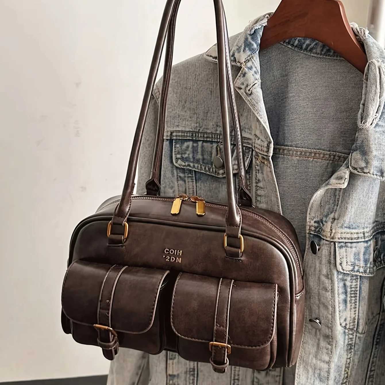 Women Multi-Pocket Tote Shoulder Bag with Golden-Tone Hardware Letter Stylish Handbag Purse for Travel Work Shopping DatesT251122