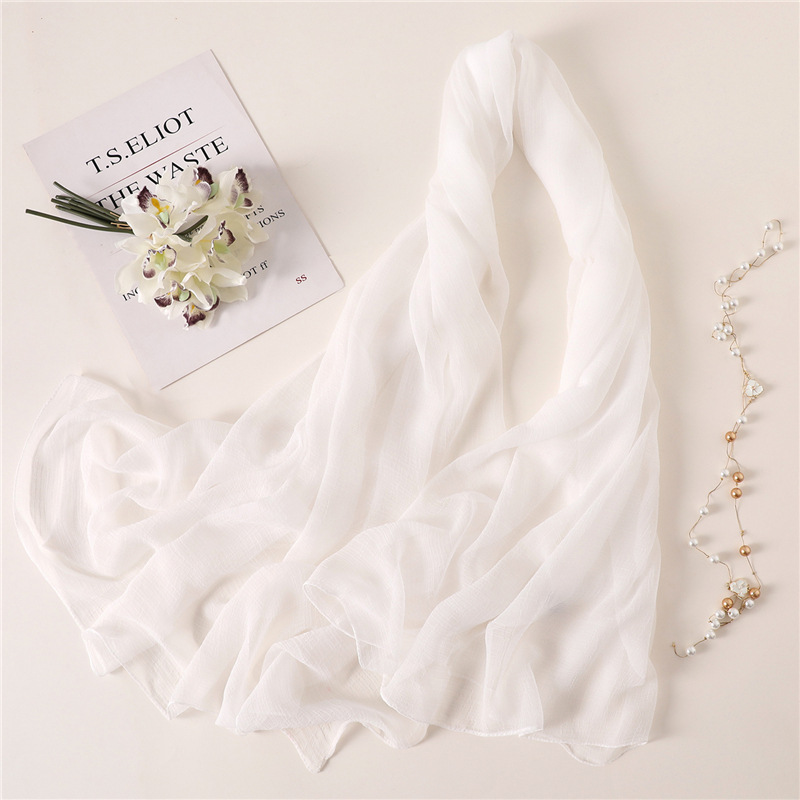 K472 Solid color silk scarf sun protection shawl versatile scarf imitation silk ladies holiday beach towel head scarf crocodile wrinkle thin