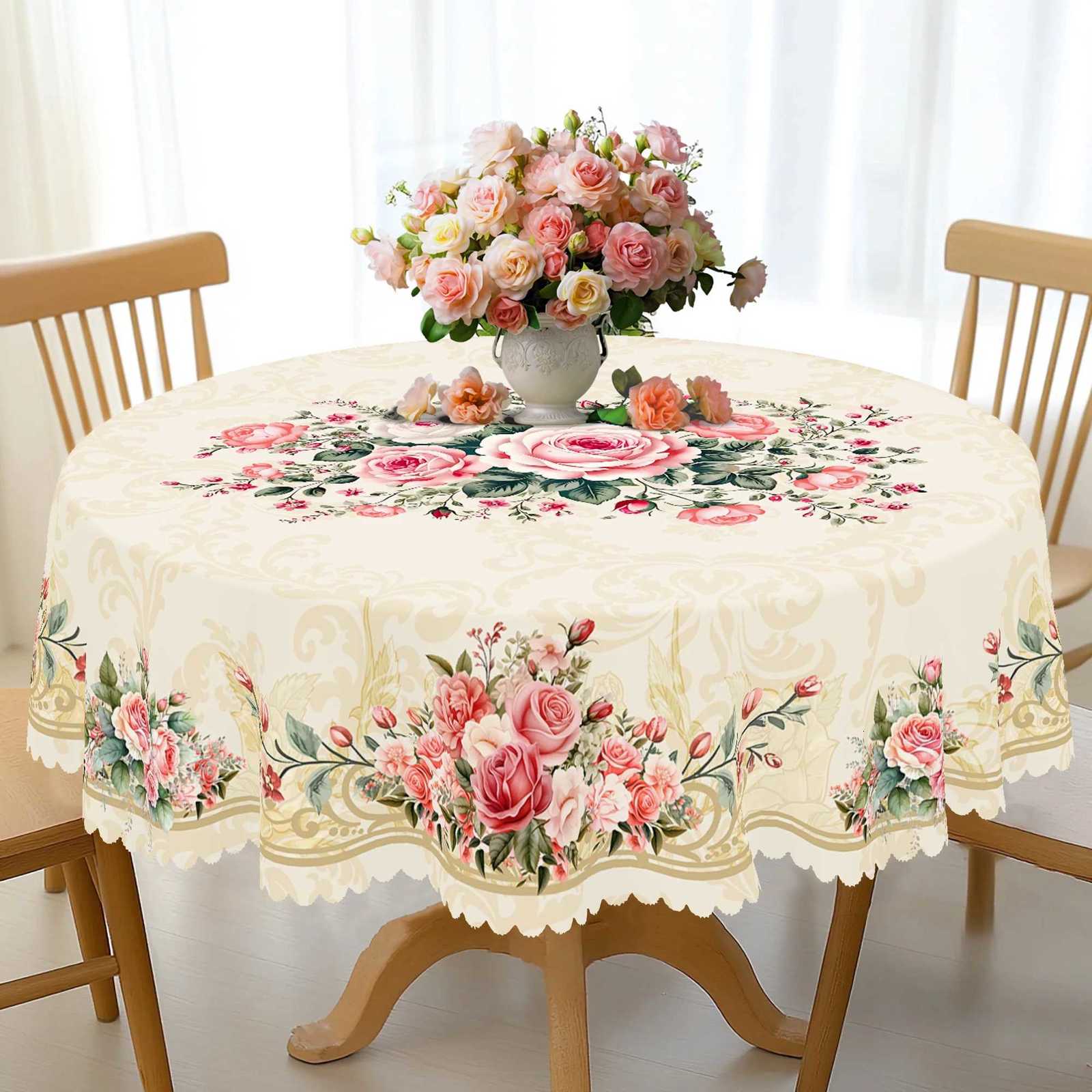 1 Piece of Retro Pink Rose Pattern Flower Tablecloth Spring and Summer Flower Decoration Party Supplies Machine Washable Tablecloth for Wedding C25112