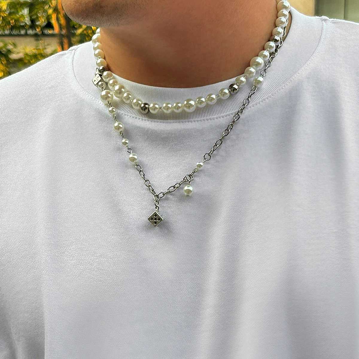 Salicon Steampunk Metal Dice Pendant Short Necklace Mens Gothic Imitation Pearl Chain Cravik Necklace Aesthetic Necklace Jewelry Y250422