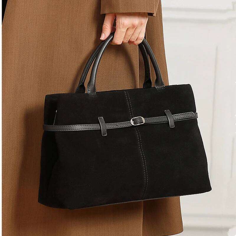 Toptrends Suede Cow Genuine Leather Large Tote Handbags For Women 2025 Luxury Designer Commuter Satchel Shopping Shoulder Bags