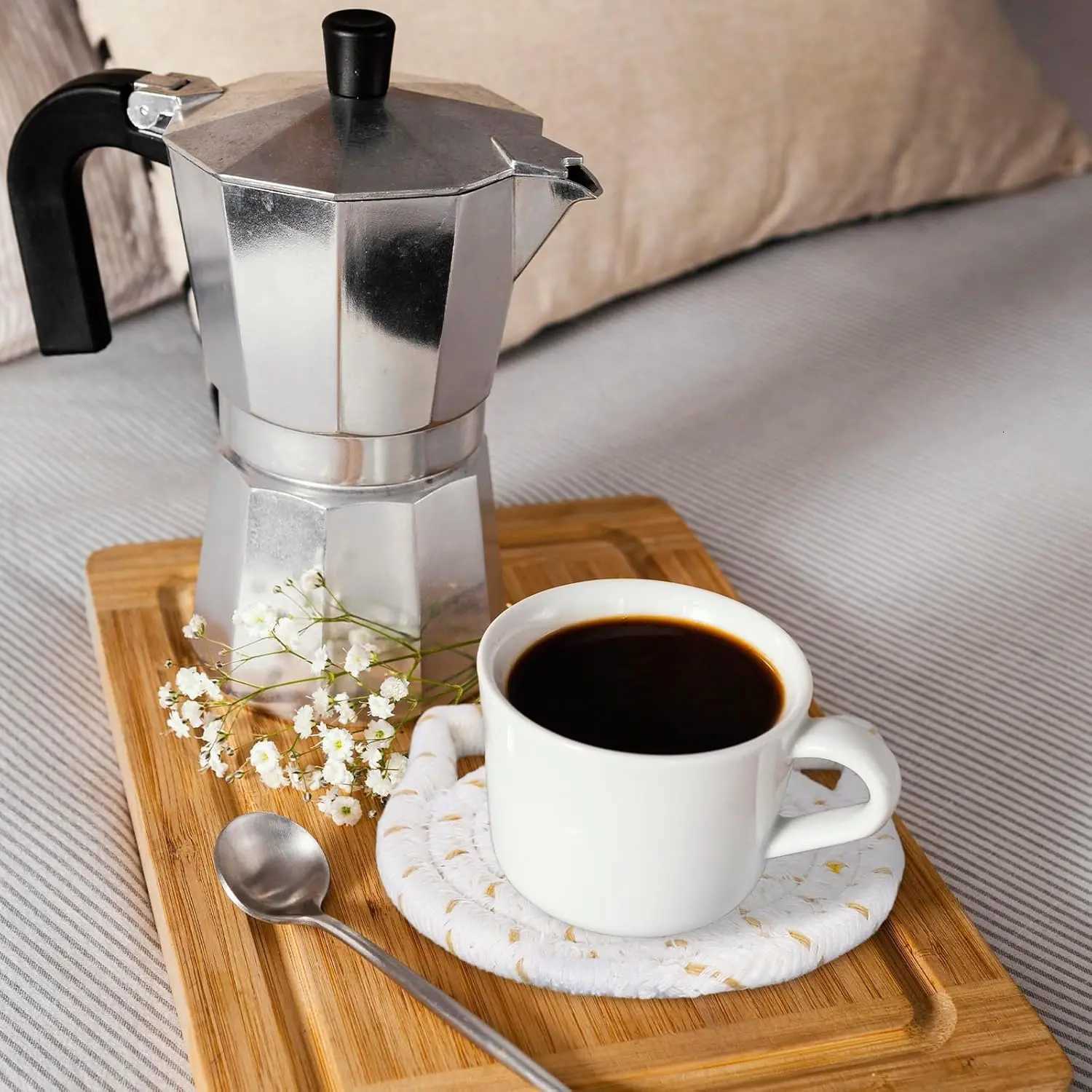 Cat Ear Coasters Set Brown White Handmade Braided Cotton Coasters Non-Slip Absorbent Drink Coaster with Holder C251122