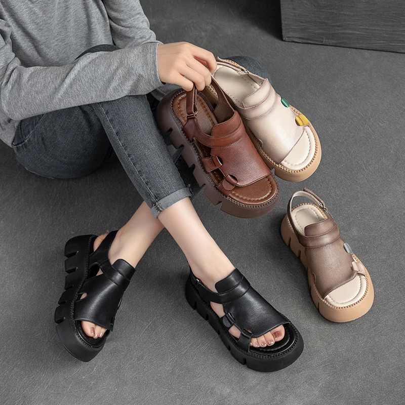 Drkanol Handmade Genuine Leather Sandals Womens ner y Hook and Loop Wedge Platform Casual Summer Shoes 250421BJ - view 7