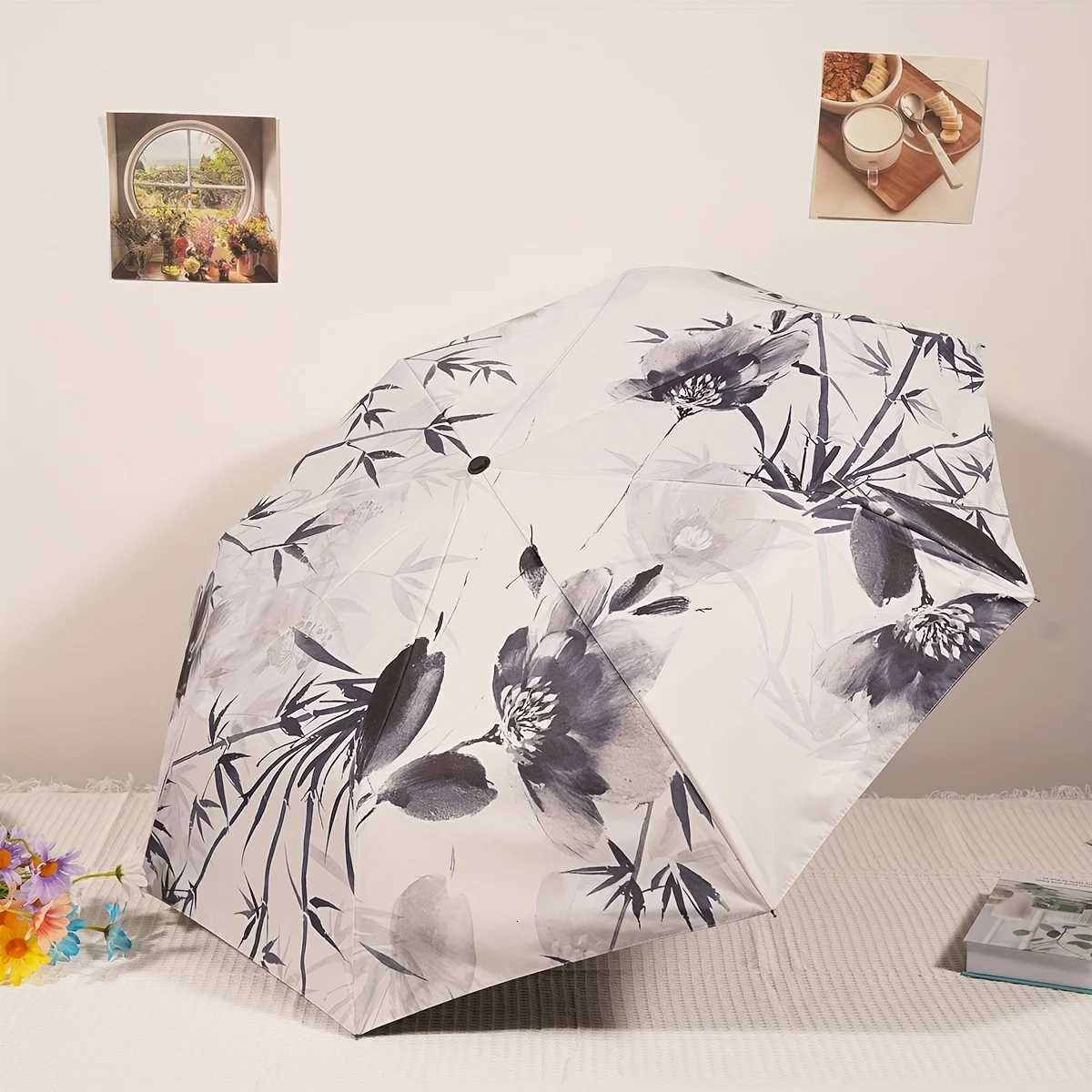 Automatic Umbrella Chinese style Ink Painting Bamboo Pattern Folding Umbrella Rain proof Sun Protection UV Protection Travel UM251122