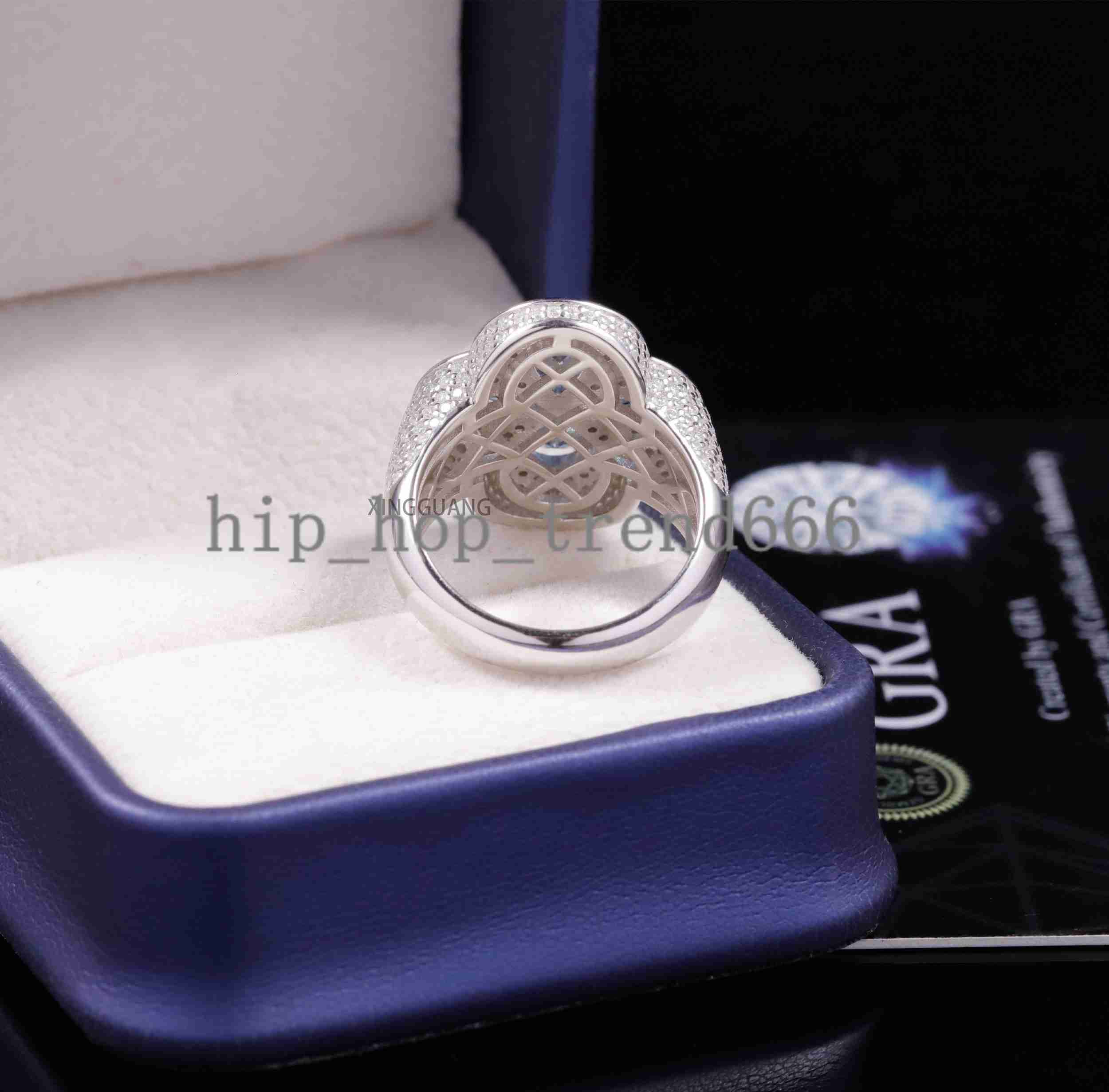 Four Leaf Clover VVS Moissanite Cuban Ring For Man Women 925 Sterling Silver Hip Hop Ring Blue Diamond Clover Cuban Ring