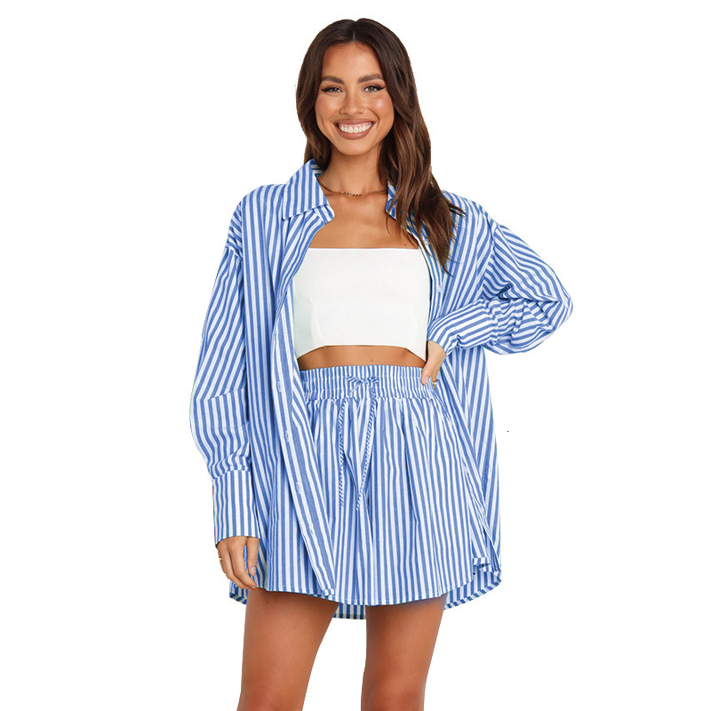 Women Tracksuits Two Pieces Set Spring Summer Temperament Commuter Casual Pants Set Fashion Shirt Stripe Long Sleeve Split Sportwear