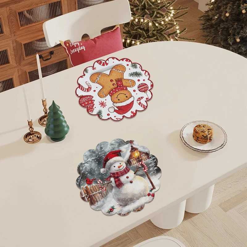4pcs/set Christmas Placemat Cartoon Santa Claus Round Coaster Snowflake Dining Table Heat Insulation Pad Xmas Decor C251122