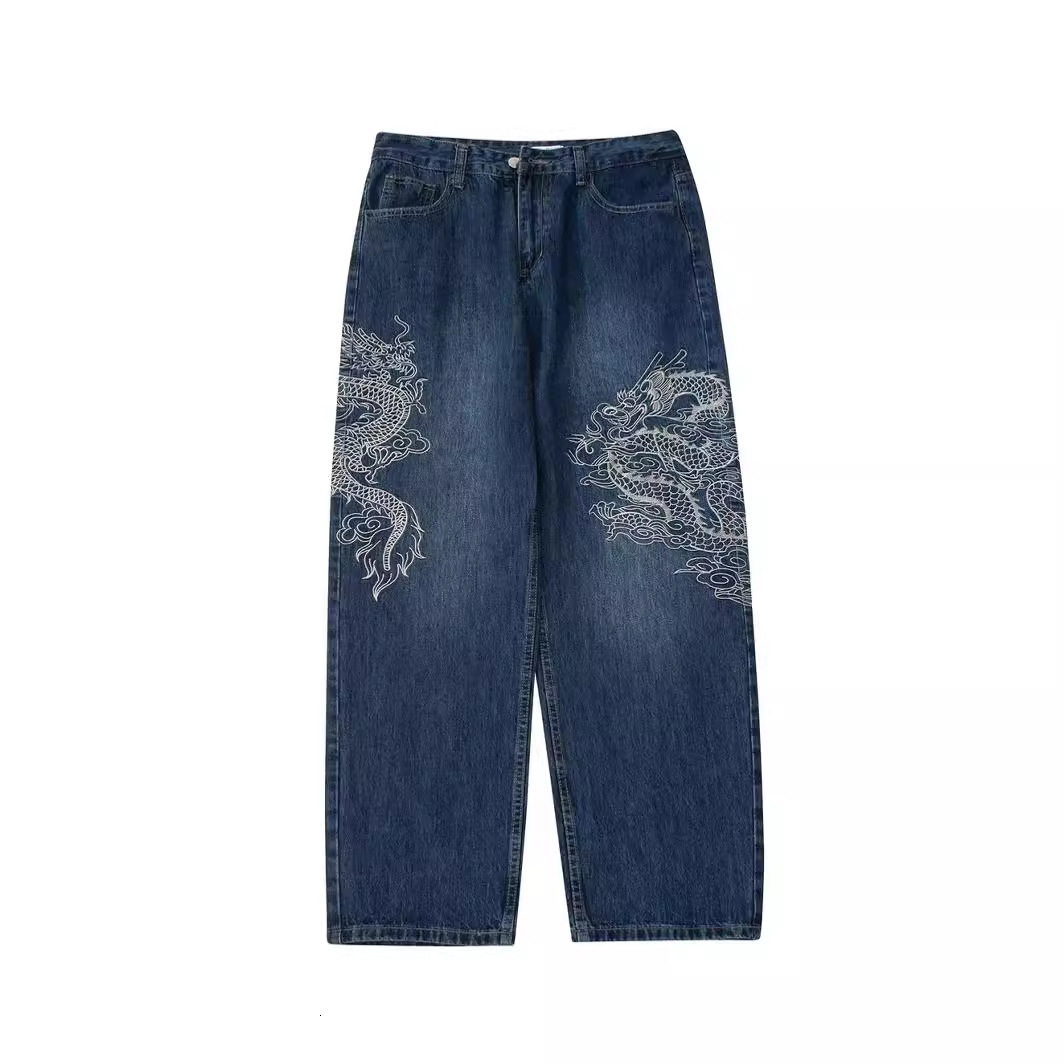 Embroidered Dragon Totem Jeans Hip Hop Baggy Jeans Streetwear Y2k Jeans Loose Wide Leg Denim High Quality 240913