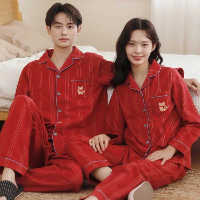 Autumn and winter couple pajamas red pure cotton brushed cartoon embroidery can be worn as casual cotton home clothesW251122 - view 4