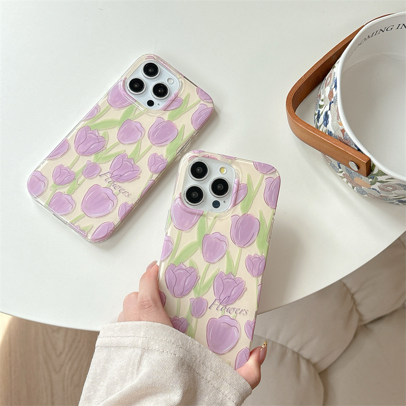 Fine Glitter Full Screen Purple Tulip Phone Case for iPhone 17 Pro Max High-end Feel iPhone 16/15 Pro