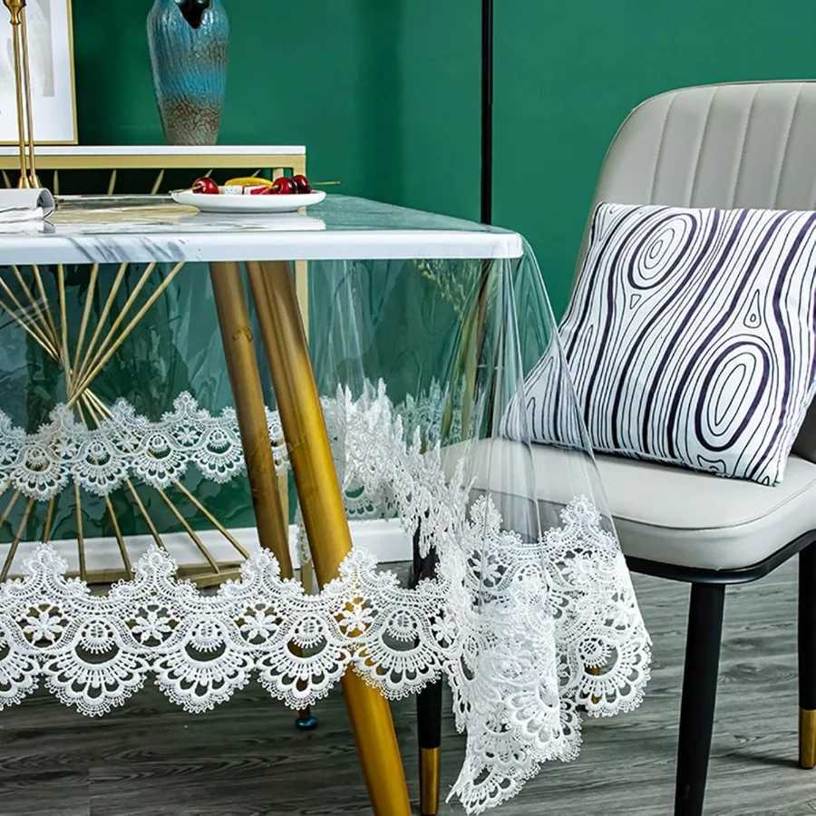 Plastic Clear Rectangle Tablecloth Vinyl PVC Waterproof Tablecloth Embroidered Lace Edge Transparent Table Cover for Kitchen Din C251122