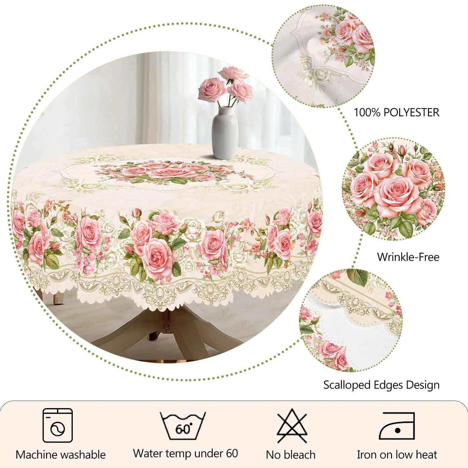 1 Piece of Floral Round Tablecloth 5 Sizes Available ThreeDimensionalP aintingS tyleF loralP atternP rintedT ableclothE dgeE mbossingP rocessS pringG 