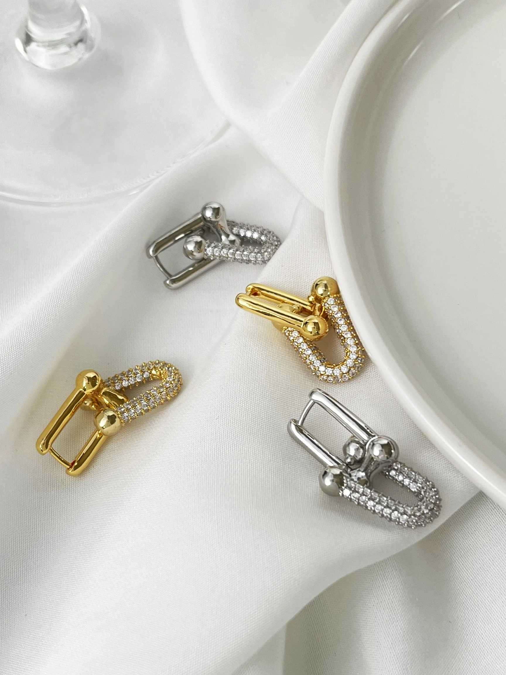 Perisbox statement Gold plated block U-shaped chain ring earrings with inlaid cubic zirconia fashionable accessoriesXJ250421