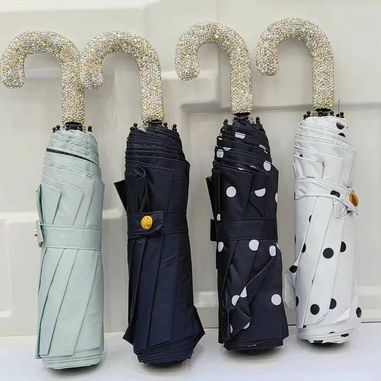 Portable Umbrella Automatic Folding Hook Handle Sunshade Luxury Rhinestone UV Protection Rainproof Travel Umbrella Rain GearM251122