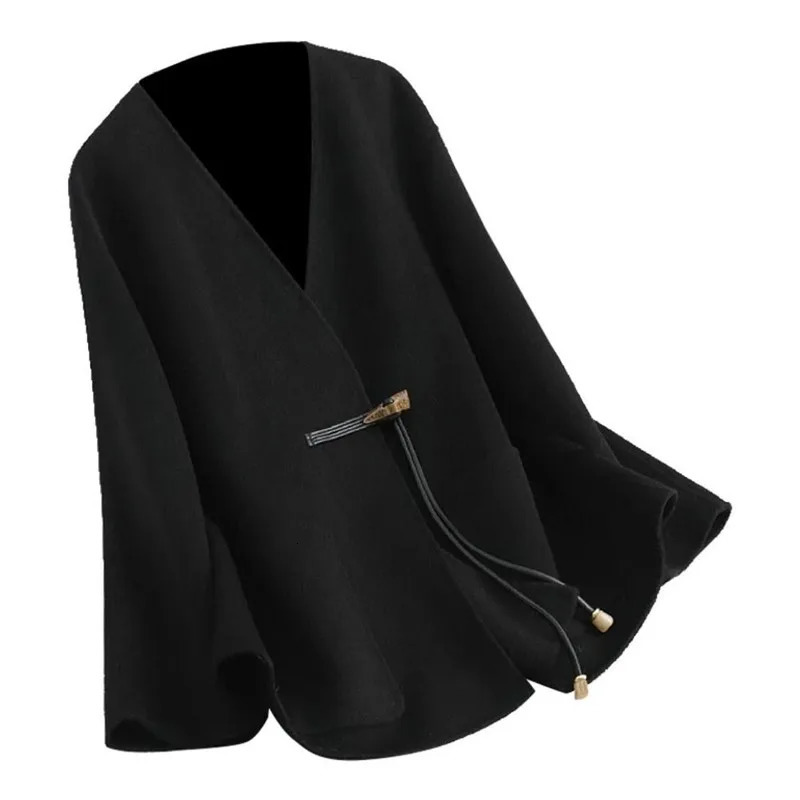 Autumn Winter 2026 Woolen Coat Women Fashion VNeck Horn Button DoubleSided Wool Jacket Female Loose Overcoat Clothes B1451 251112