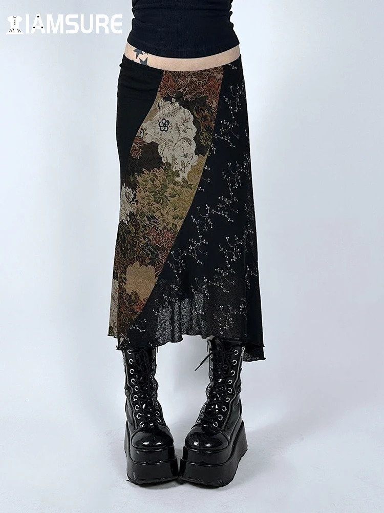 IAMSURE Vimtage Patchwork Flower Grid Skiing Leisure Mid waist Long Skirt Womens Autumn Spring Street Dress Women 250422