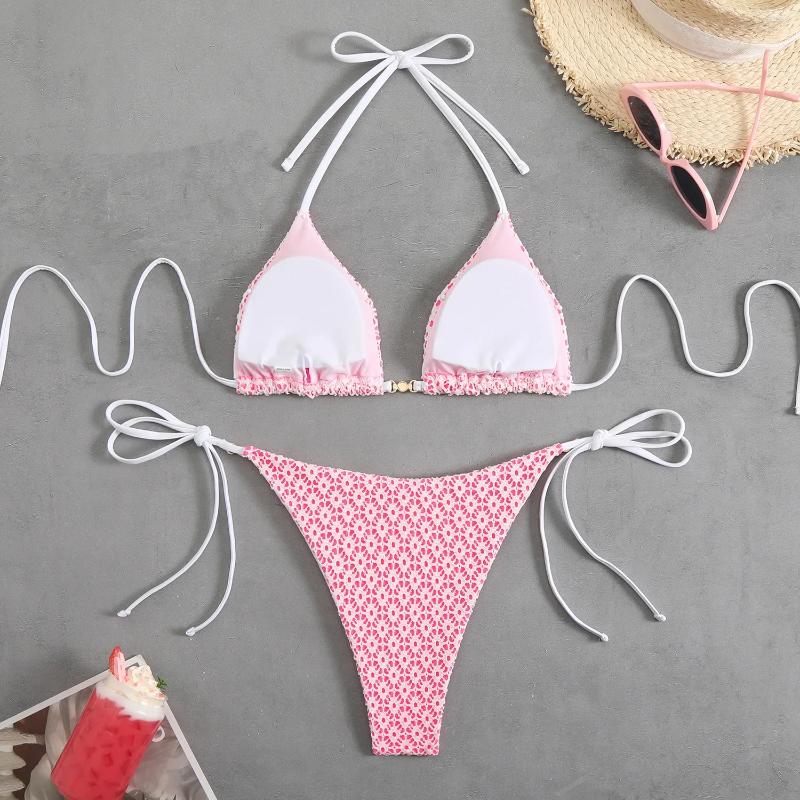 Womens Swimwear Sexy Lace Bikini Set 2025 Women Pink Floral Print Push Up Bra Micro Swimsuit Luxury Pearls Bathing Suit Tie Side Thong