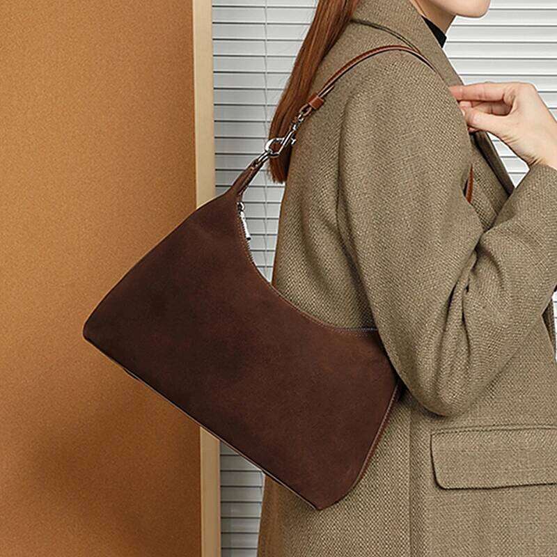 Toptrends Suede Genuine Leather Underarm Shoulder Bags For Women Winter 2025 Luxury Designer Crossbody Hobo Tote Ladies Handbags