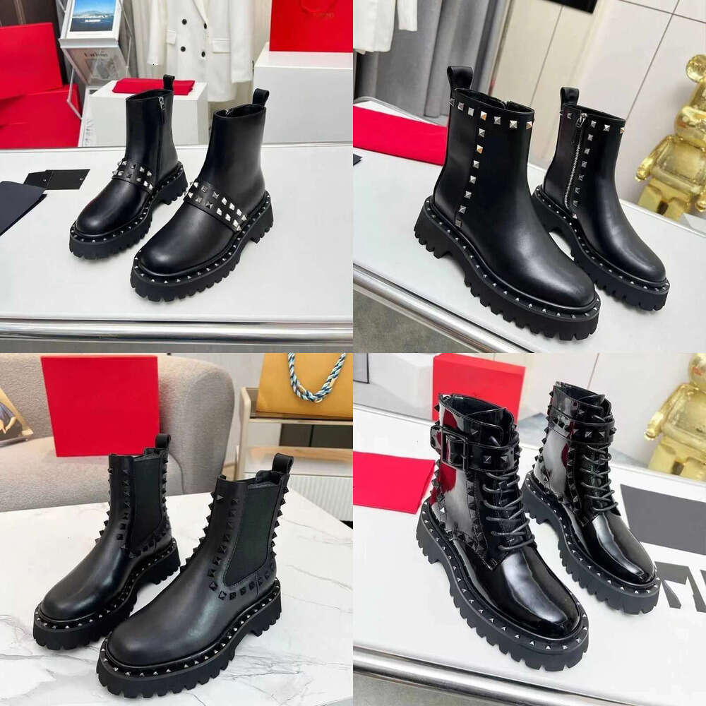 Luxury Designer Womens Chelsea Ankle Boots Round toe With Metal Studs Patent Leather calfskin Lace-up platform Fashion Chelsea Comfortable Black Martin booties