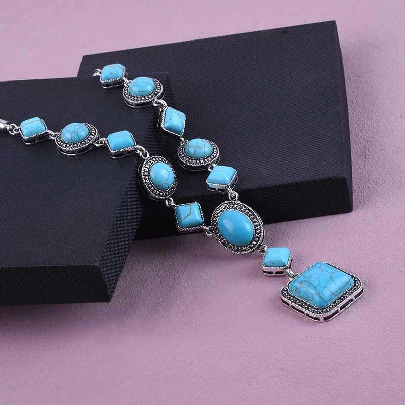 Vintage Bohemian turquoise pendant necklace ethnic style bead chain necklace sweater chain necklace womens jewelry giftXJ250422