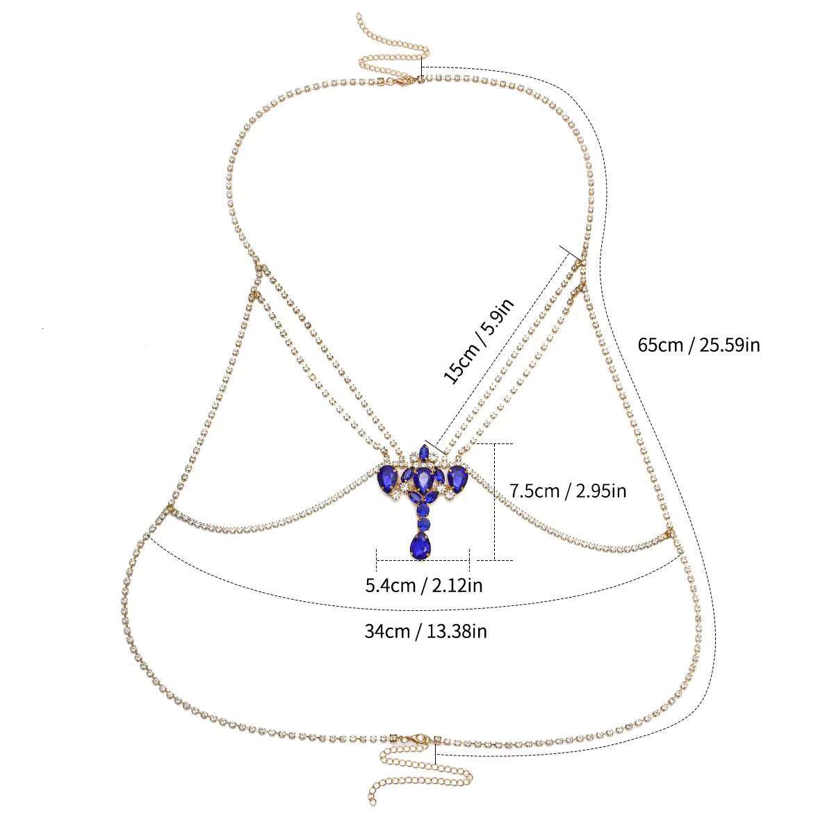 Suxuan Exaggerated Blue Gemstone Chest Chain Women Beach Body Jewelry Sexy Double Crystal Bra Chain