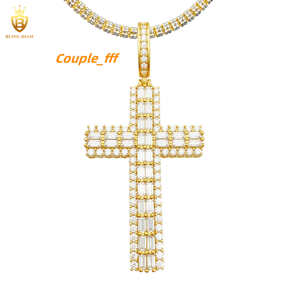 Hip Hop Jewelry 925 Sterling Silver Iced Out Baguette Moissanite Diamond Cross Pendant 2 Size