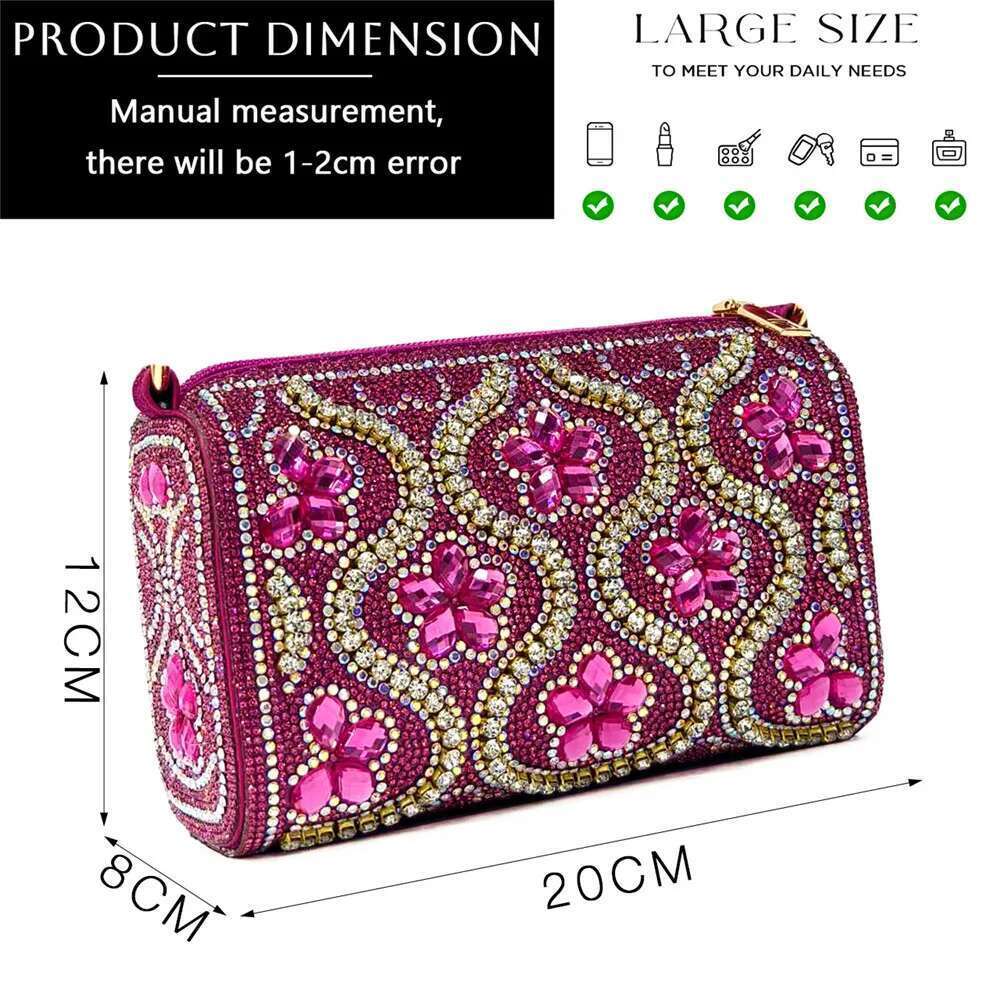 Elegant Sexy Fuchsia Color High Heels And Bag With Rhinestone Embellished Toe Is Comfortable Women's Shoes For Party