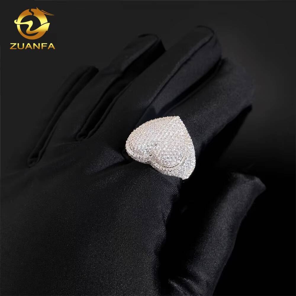 Ready to Ship Heart Shape Hip Hop Rapper VVS Moissanite Fine Jewelry Diamond Iced Out Jewelry 925 Silver Ring for Men