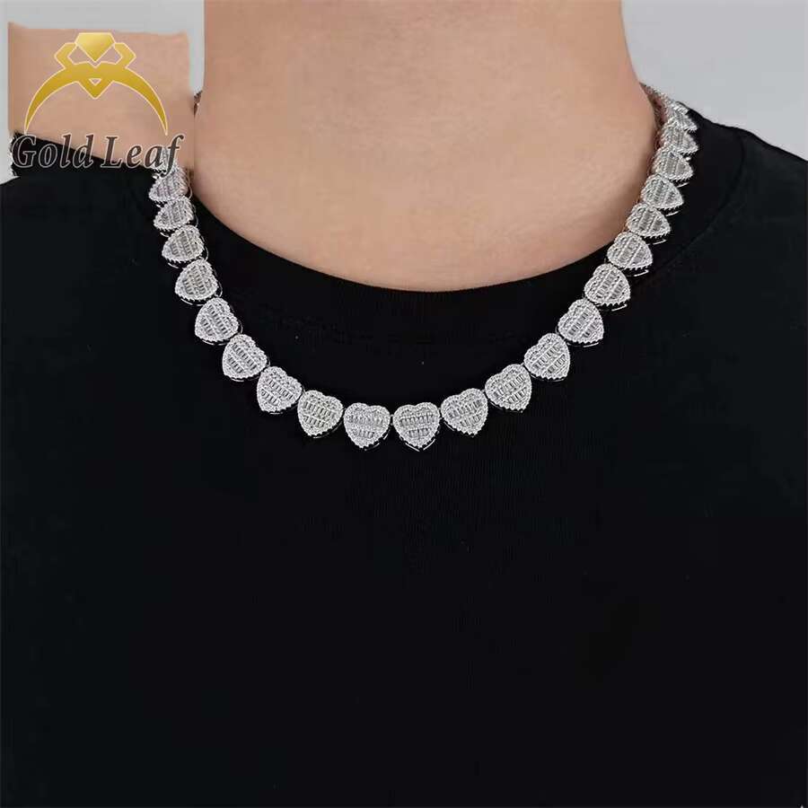 Hot Sale Trendy Heart Shape 925 Silver Gold Plated VVS Moissanite Chain Hiphop Moissanite Cuban Link Necklace