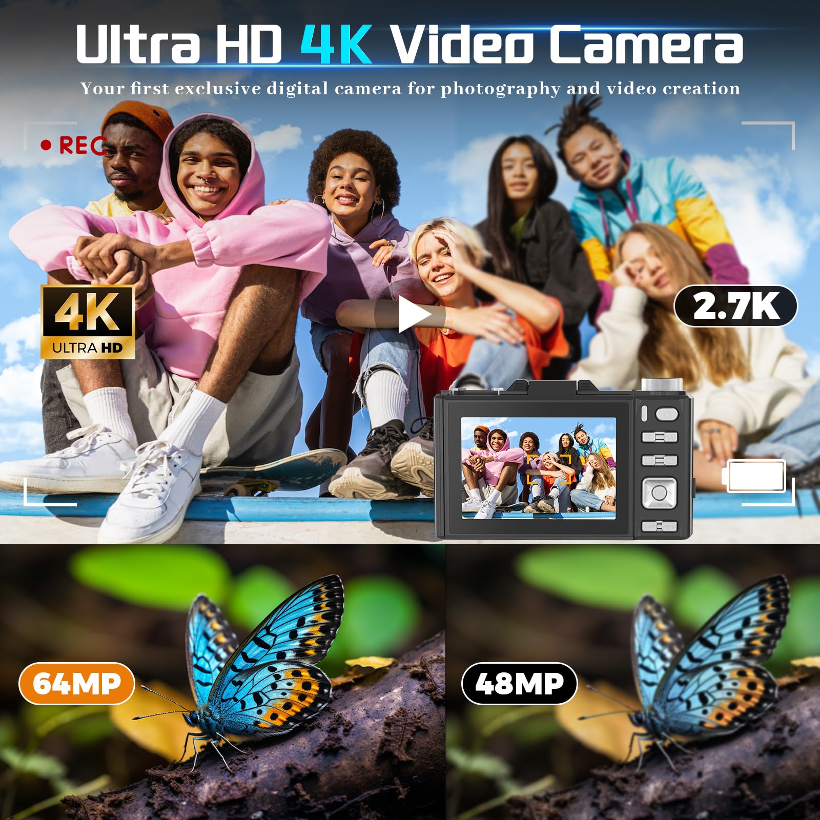 4K Digital Camera for Photography,Autofocus,64MP Vlog Camera for YouTube, 3" 180° Flip Screen, 20X Digital Zoom Point Compact Camera, with Flash 