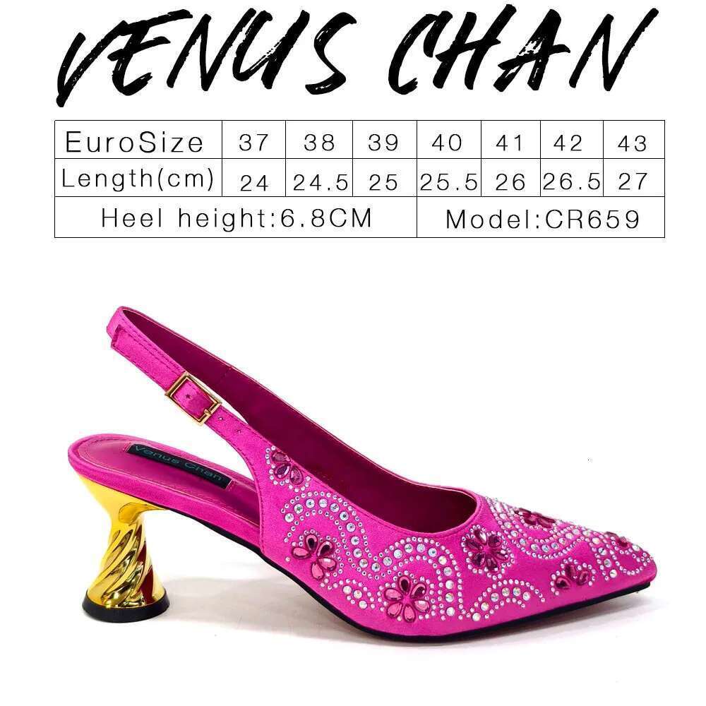 Elegant Sexy Fuchsia Color High Heels And Bag With Rhinestone Embellished Toe Is Comfortable Women's Shoes For Party