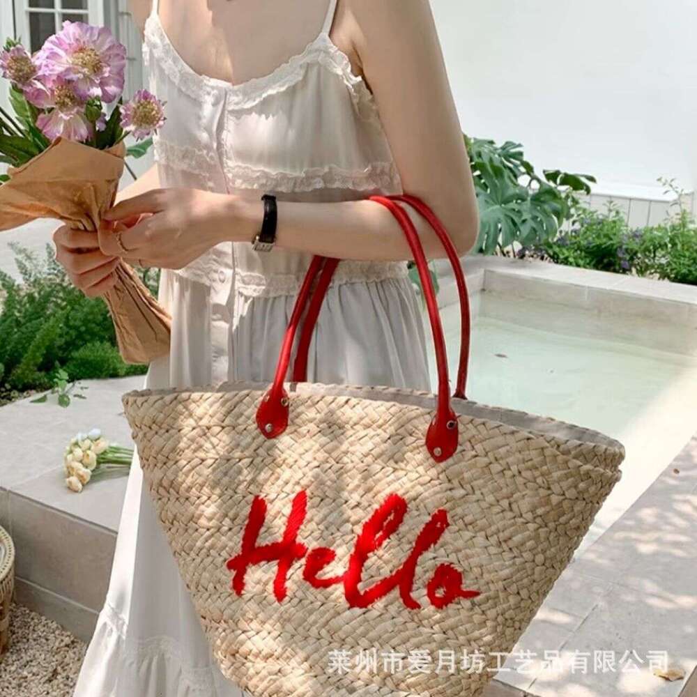 Ins Style Resort Beach Bag Korean Dongdaemun High Ding HELLO Letter Single Shoulder Straw Woven Large Capacity Seaside Vacation Beach Tote Bag KQ