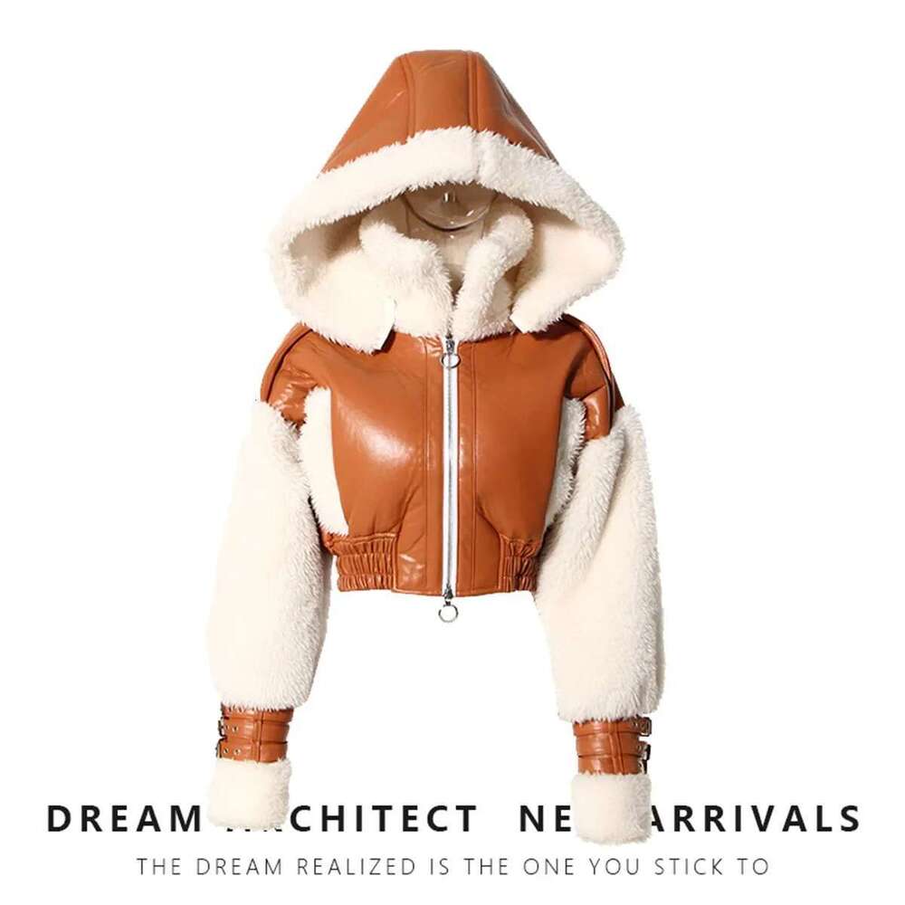 Lamb Wool Cropped Women's Winter American Style Vintage Color Blocking Hooded Motorcycle Jacket Top Thickened For Warmth
