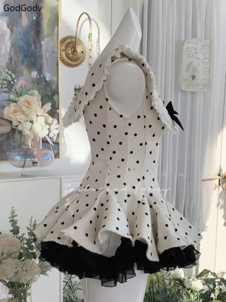 Summer Retro Elegant Woman Dress Y2k Polka Dot Bow Slim Sweet Mini Dress Female Korea Style Chic Sexy Party Outfits 250422